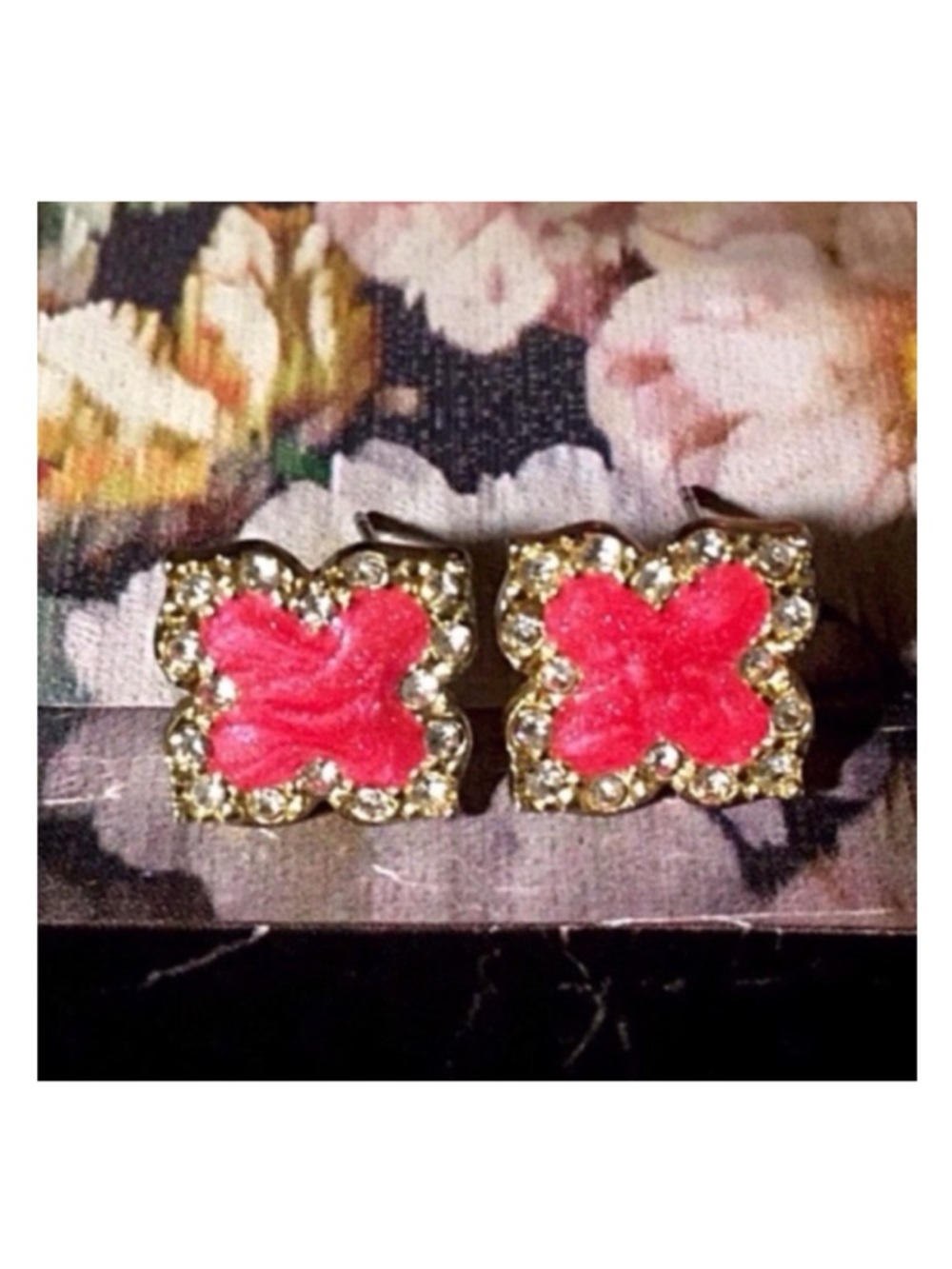 Pink Enameled Cross Earrings with Rhinestone Studs